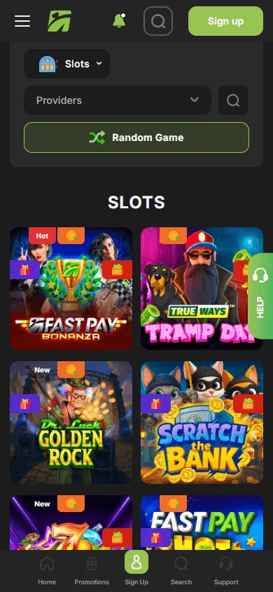 Fast Pay Casino games lobby on a mobile device